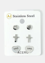 Load image into Gallery viewer, 3-Pair Heart &amp; Cross Earrings
