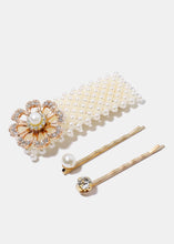 Load image into Gallery viewer, 3-Piece Pearl &amp; Rhinestone Flower Hair Pins
